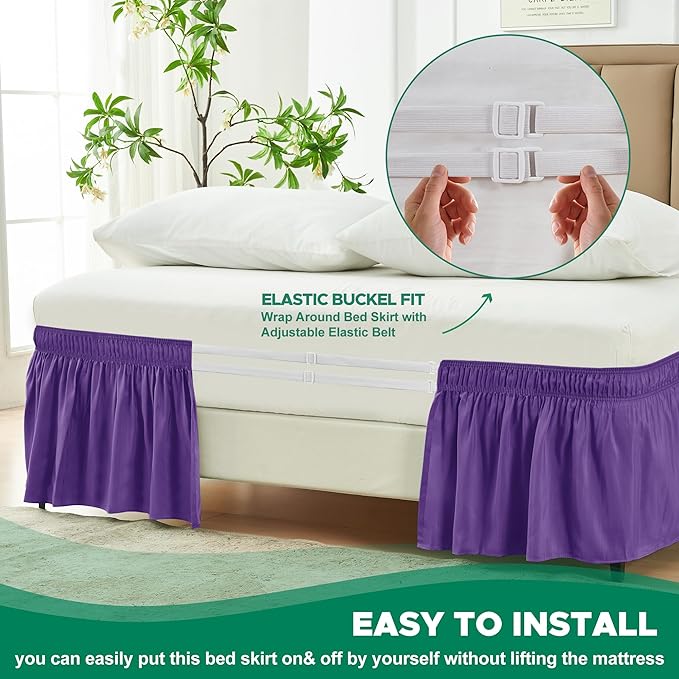 Biscaynebay Wrap Around Bed Skirts for Full & Full XL Beds 15" Drop, Purple Adjustable Elastic Dust Ruffles Easy Fit Wrinkle & Fade Resistant Silky Luxurious Fabric Machine Washable