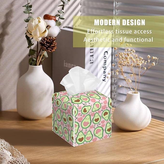 Leather Tissue Box Holder Avocado and Heart Tissue Box Cover Facial Paper Case Organizer Cube Napkin Dispenser for Bathroom Vanity Countertop Night Stand Office Car
