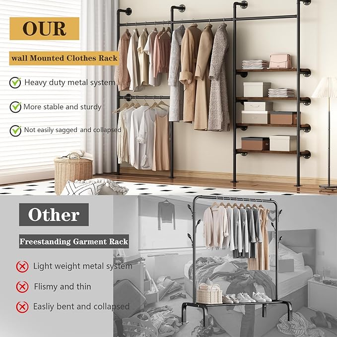 KAILNKISS Industrial Pipe Clothing Rack,Wall Mounted Clothies Rack with Shelves, Heavy Duty Closet Organizers Wardrobe Multi-Purpose Storage Clothes Hanging Shelf-94.5''L Black