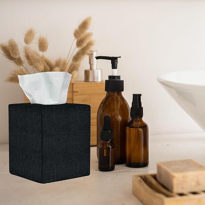 Black Tissue Box Cover, Cute Linen Fabric Decorative Square Tissue Box Holder/Organizer for Bathroom Vanity Countertop/Office/Nightstand/Desk