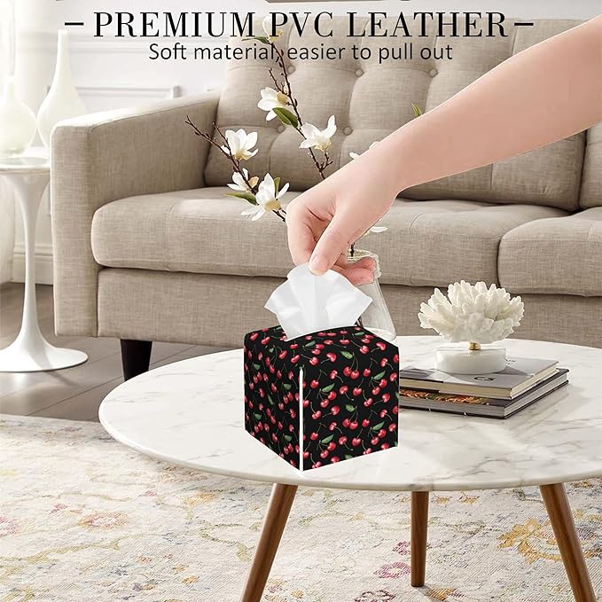 POIUBLE Tissue Box Holder Cherry Fruit Tissue Box Cover Square Leather Tissue Holder Organizer Portable Decorative Facial Paper Case for Home Office Bathroom Vanity Countertop