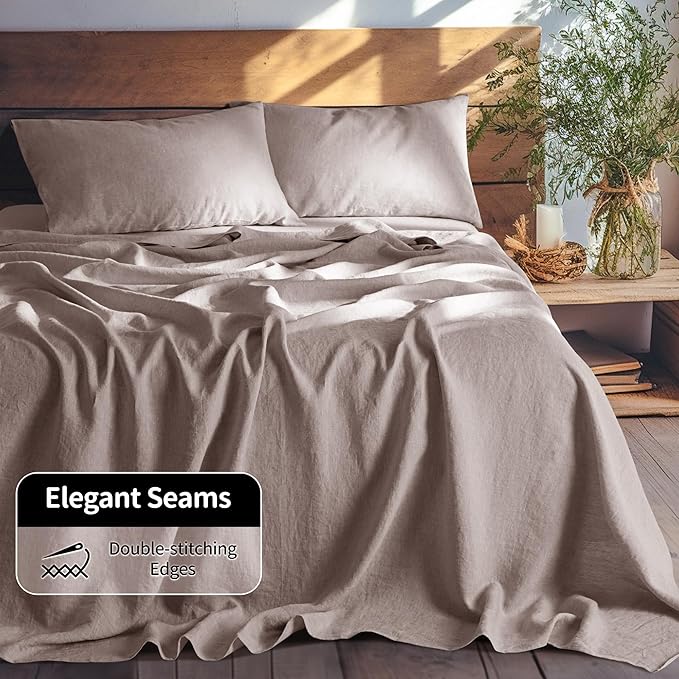 LBRO2M 100% Linen Sheet Set 16" Deep Pocket California King Size,Bed Sheets 4 Piece Sets,Solid Color Natural Flax Bed Sheets Soft Breathable Bedding,All Season (Clifornia King, Mauve Desert)