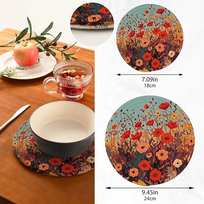 Autumn Poppy Flower Trivets for Hot Dishes Pots and Pans Potholders Woven Trivet Cotton Round Large Pot Holder Decor Heat Resistant Hot Pads Mat for Table Counter Cooking Potholder Set of 2