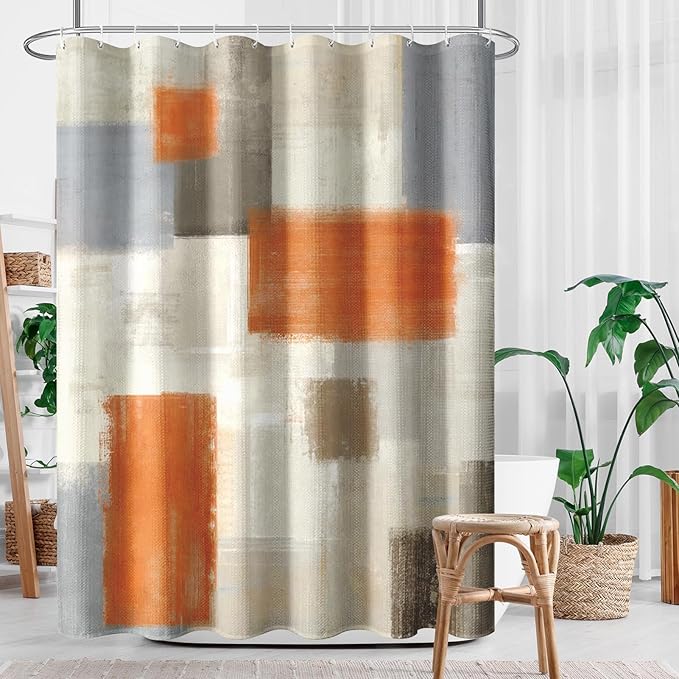 Culudea Beige Orange Painting Shower Curtain Set, Grey Contemporary Modern Bathroom Window Waterproof Shower Curtain Set for Bathroom Decor