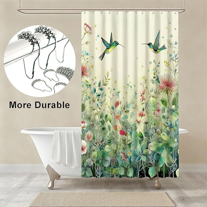 mutakin Green Leaf Flowers Shower Curtain Hummingbird Shower Curtains for Bathroom Waterproof Fabric Bath Curtain Decor with Hooks