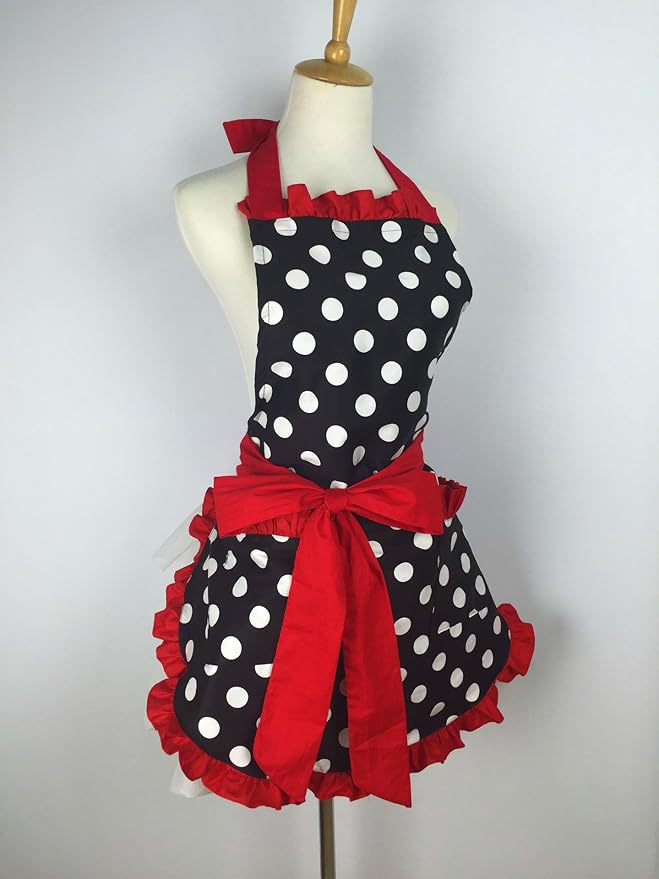 Hyzrz Cute Apron Retro Black Polka Dot Retro Ruffle Side Vintage Cooking Aprons with Pockets for Women Girls (Side Red)
