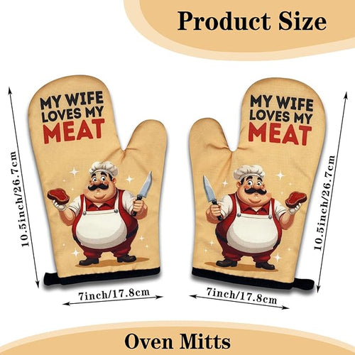 2 Pack Funny BBQ Oven Mitts, My Wife Loves My Meat, Heat Resistant Non-Slip Mitts, Husband Christmas Birthday Gifts from Wife, Humorous Grilling Cooking Gifts for Men Husband Chef Friend