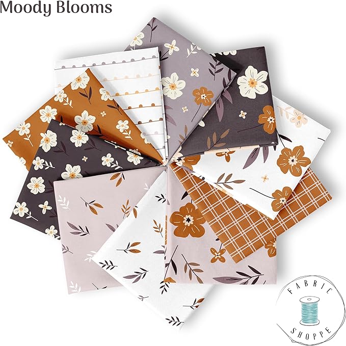10-Pcs Fat Quarters Fabric Bundles of 100% Soft Cotton, 18" x 22" - Moody Blooms Floral Fabric Squares for Patchwork, Quilts, Pillow Covers & More - DIY Handmade Crafts & Home Décor