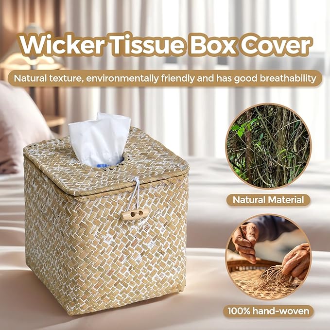 KALEKAIL Seagrass Tissue Box Cover with Lid, Wicker Tissue Box Holder Square, Boho Decorative Woven Tissue Cover Rustic Cube Tissue Holders for Bathroom Living Room Kitchen, Whitewash