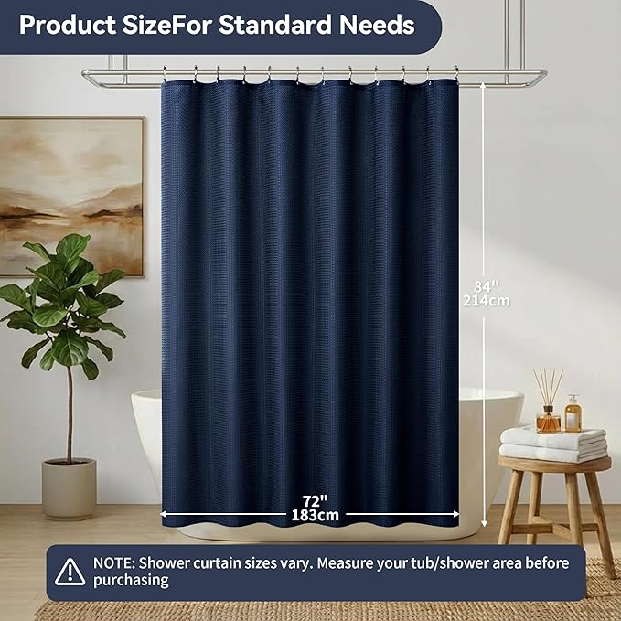Lameirose 3 in 1 Waffle Shower Curtain Set, Shower Curtain and Liner Set with 12 Double Sided Shower Curtain Hooks, 72 x 84 Fabric Shower Curtains for Bathroom, Navy Blue