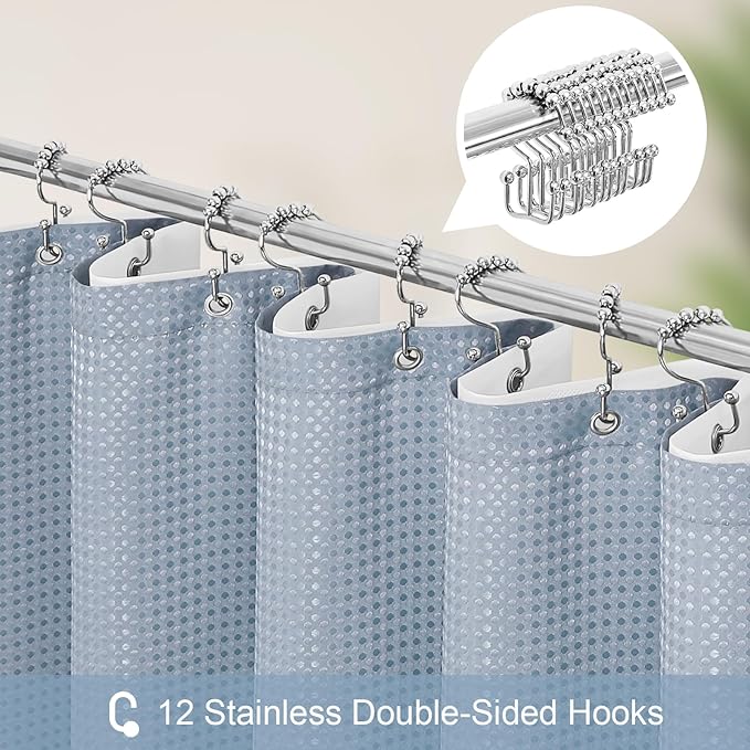 Craidlela 3 in 1 Shower Curtain Set, Fog Blue Waffle Shower Curtain and PEVA Liner Set with 12 Stainless Steel Shower Curtain Hooks, Waterproof Fabric Shower Curtains for Bathroom, 72 W x 72 H