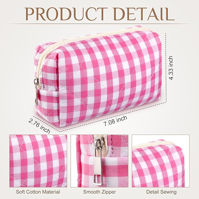 Paterr 6 Pcs Quilted Makeup Bag Bulk for Women Girls Birthday Valentine's Day Bridesmaid Gifts Cute Cotton Cosmetic Pouch Bow Floral Coquette Aesthetic Travel Toiletry Bag(Plaid,Pink)