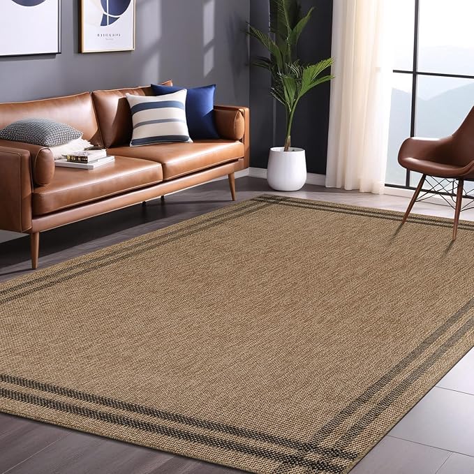 Easy Jute Rugs 8x10 Bordered Natural Color Living Room Indoor Outdoor Area Rug for Patio and Kitchen Rug High Traffic Washable Easy to Clean Solid Boho Woven Design Outside Carpet (8 x 10)
