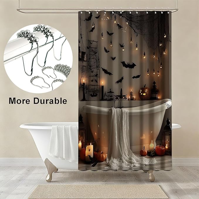 mutakin Horror Halloween Shower Curtain Bats Spooky Shower Curtains for Bathroom Waterproof Fabric Bath Curtain Decor with Hooks