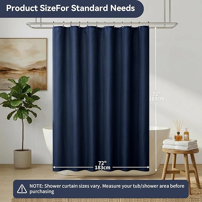 Lameirose Shower Curtain and Liner Set, 3 in 1 Waffle Shower Curtain Set with 12 Double Sided Shower Curtain Hooks, Fabric Shower Curtains for Bathroom, Navy Blue, 72 x 72