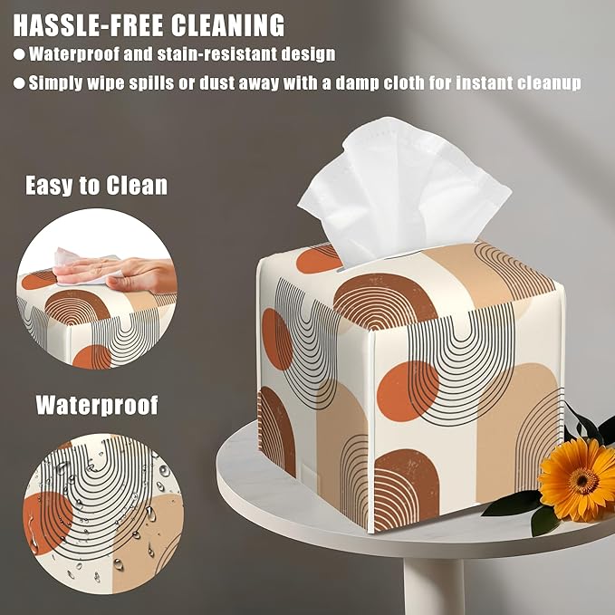 Boho Leather Tissue Box Holder Abstract Line Art Tissue Box Cover Facial Paper Case Organizer Cube Napkin Dispenser for Bathroom Vanity Countertop Night Stand Office Car