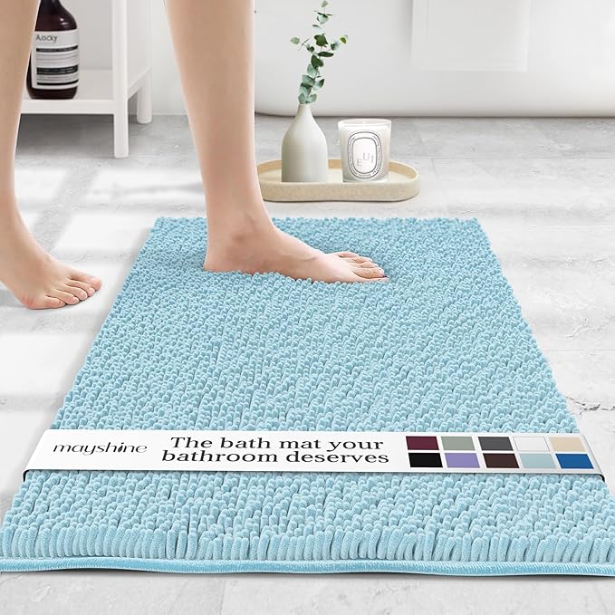 MAYSHINE Plush Shaggy Chenille Bath Mat | Extra Soft, Super Absorbent, Non-Slip Bathroom Rug | Fluffy Microfiber, Area Rug Sets for Bathroom Floor, Kitchen, Living Room | 23"x14" | Spa Blue