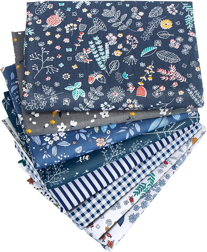 Aubliss 8pcs Fat Quarter Fabric Bundles 20'' x 20'' Cotton Craft Fabric Pre-Cut Squares Sheets for Patchwork Sewing Quilting Crafting(Checked/Striped/Floral)