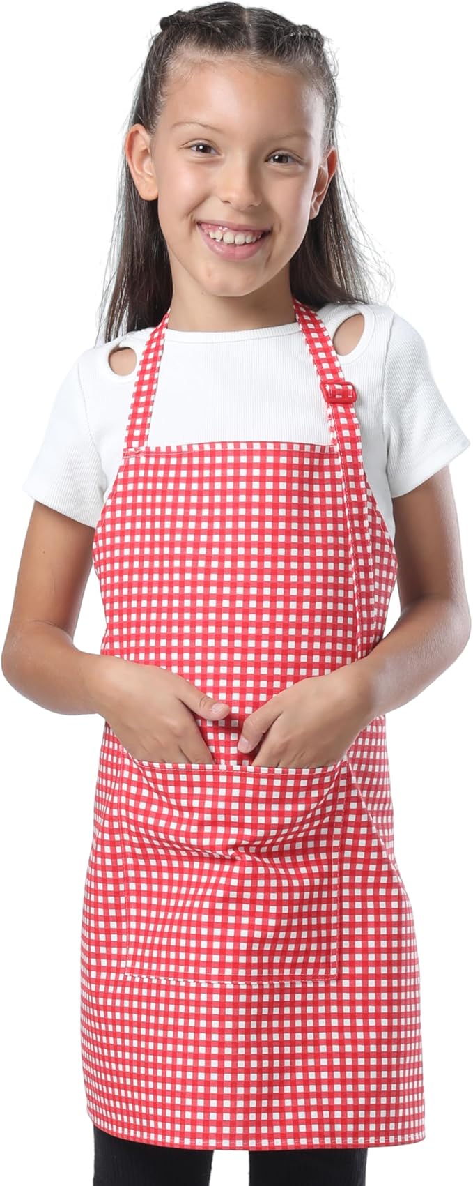 Kids Aprons for Cooking Waterdrop Resistant Aprons for Girl & Boy Toddler Apron for Painting, Gardening, Baking, Smock (Plaid Red, Medium (6-10 years)