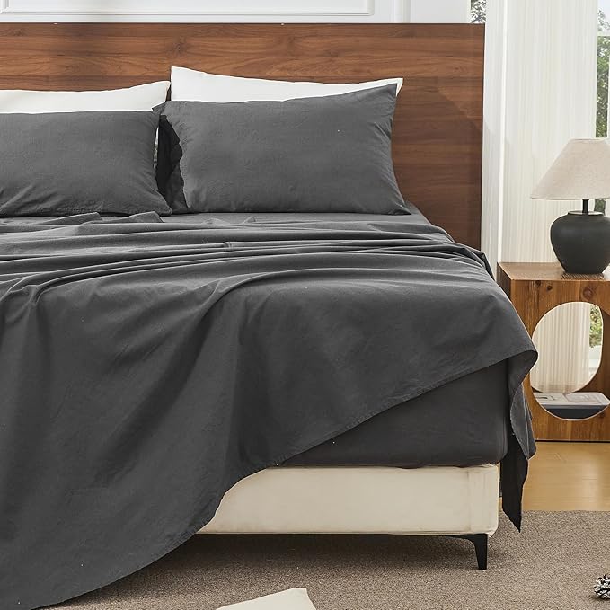 Bedlifes 100% French Linen Sheets California King Size 18-24" Extra Deep Pocket 4-Piece Set Breathable & Moisture-Wicking,Soft & Durable Sheets for Thick Mattresses(Dark Grey)