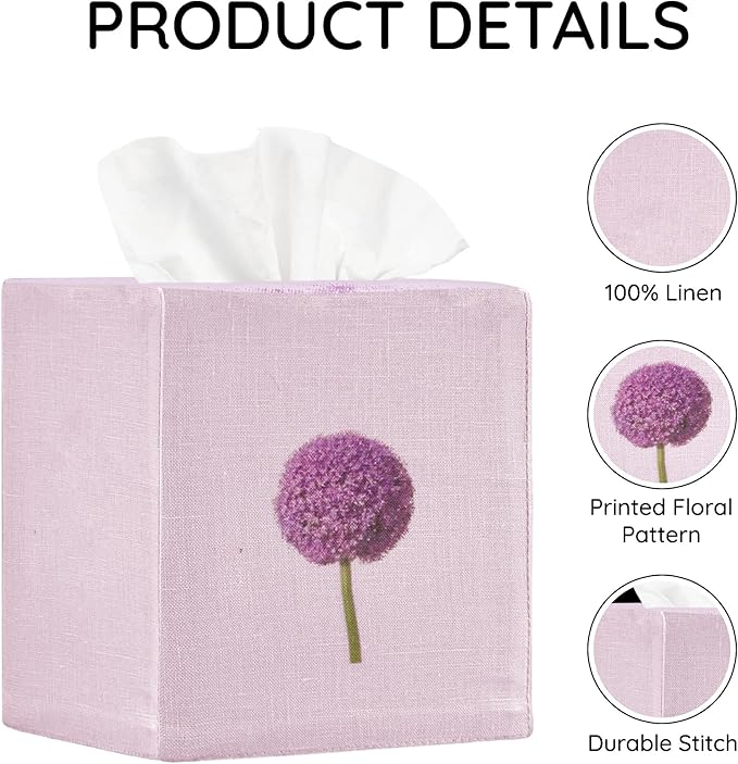 EmbroideryLinen.VN Tissue Box Cover Set of 2, Square Linen Tissue Holder, Printed Floral Design, 4.5x4.5x5.5 Inches, Decorative Holder for Bathroom, Living Room, Office (Hydrangea & Dandelion)