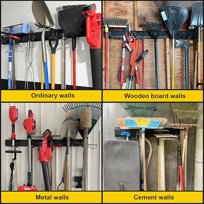 Suemoss Garage Tool Organizer Wall Mount, 64 Inches Garden Tool Organizer with Adjustable Hooks, Metal Garage Storage Rack Max Loading 620lbs, Tool Holder for Hanging Rake Broom Mop Snowboard