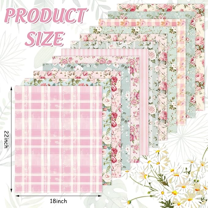 JarThenaAMCS 12Pcs Vintage Spring Cotton Fabric Bundles 18 x 22 Inch Pink Mint Green Roses Plaid Fat Quarters Floral Sewing Fabrics for DIY Craft Party Decor
