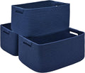 3 Pack Large Storage Basket for Organizing, 17.5"x13.5"x7.5" Woven Basket for Shelves, Closet Cube Storage Bins with Wrapped Handle, Cotton Rope Baskets for Kitchen, Clothes, Toys(Navy Blue)