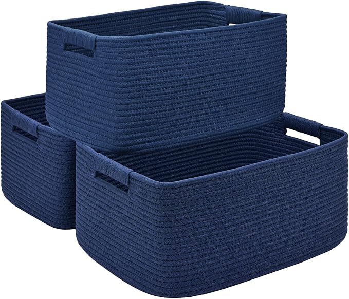 3 Pack Large Storage Basket for Organizing, 17.5"x13.5"x7.5" Woven Basket for Shelves, Closet Cube Storage Bins with Wrapped Handle, Cotton Rope Baskets for Kitchen, Clothes, Toys(Navy Blue)