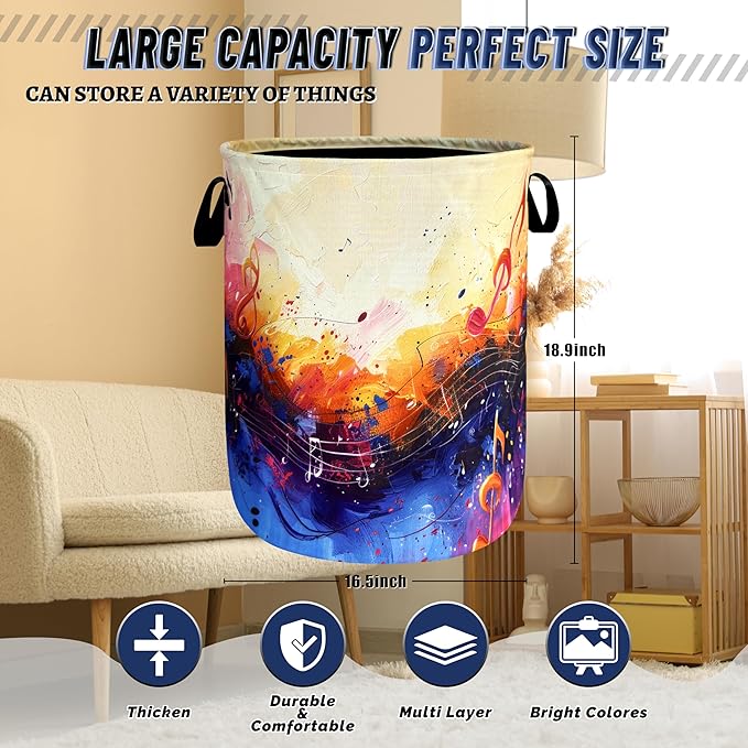 Colorful Music Notes Laundry Hamper Foldable Oxford Cloth Music Funny Laundry Basket With Handle Portable Clothes Storage Basket Laundry Bag 18.9"x16.5" For Laundry Room/Bedroom/Bathrooms