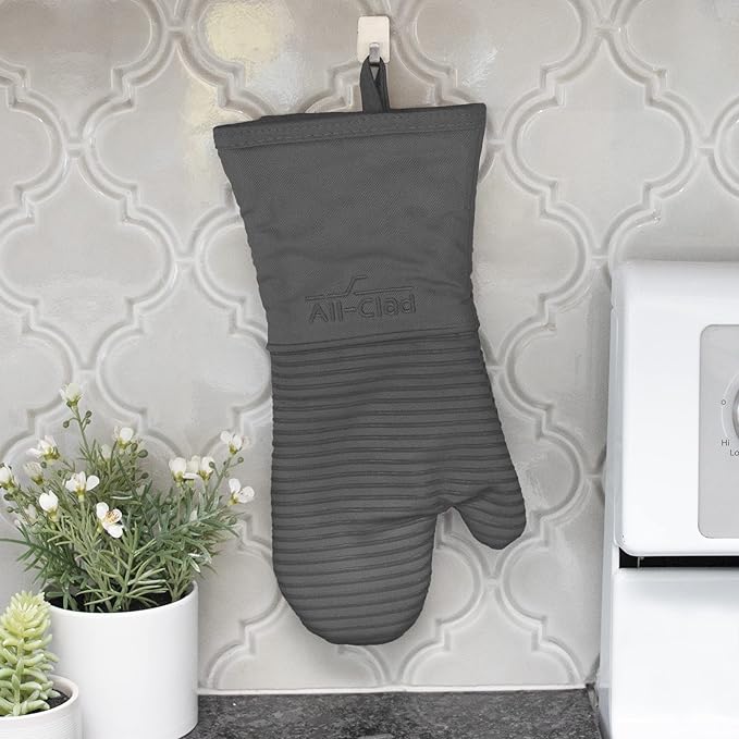 All Clad Silicone Oven Mitt: Heat Resistant up to 500 Degrees - 100% Cotton & Silicone, 14"x7" Oven Mitt for Kitchen and Barbeque, 1-Pack, Pewter