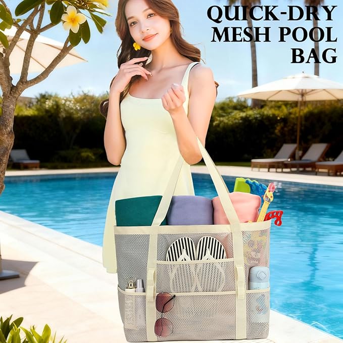 Fammart Mesh Beach Bag, Large Beach Tote with Zipper Pocket for Family Pool Bag for Toys & Vacation Essentials