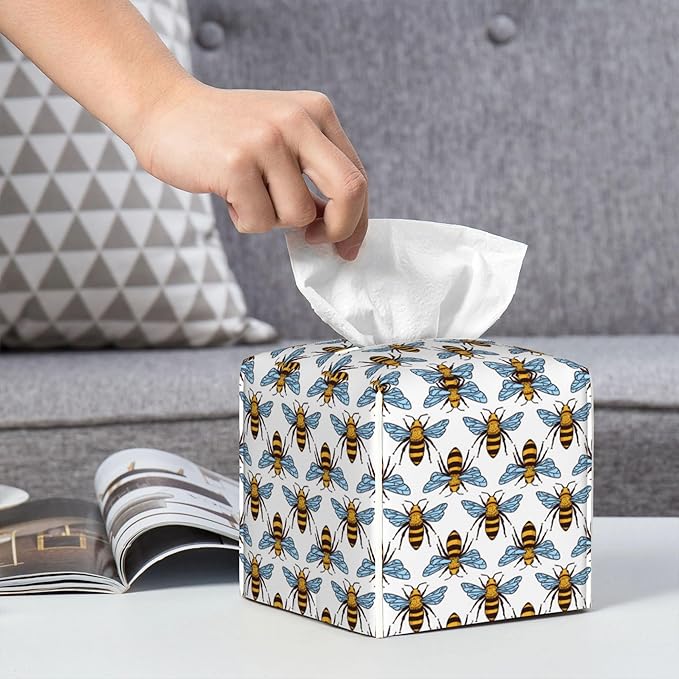 POIUBLE Honey Bee Tissue Box Cover Leather Tissue Box Holder Square Facial Paper Organizer Dispenser for Bathroom Kitchen Bedroom Vanity Countertop Night Stands