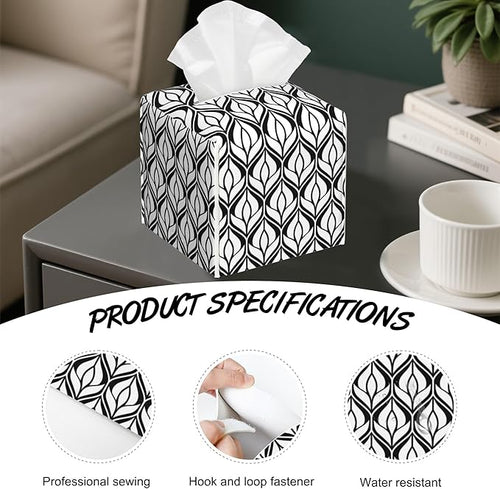 Abstract Geometric Tissue Box Cover Square,Tissue Box Holder with Belt Bottom,Stylish Leather Napkin Holder for Vanity Countertop,Nightstands,Office Desk,5.2"×5.2"×5.2"