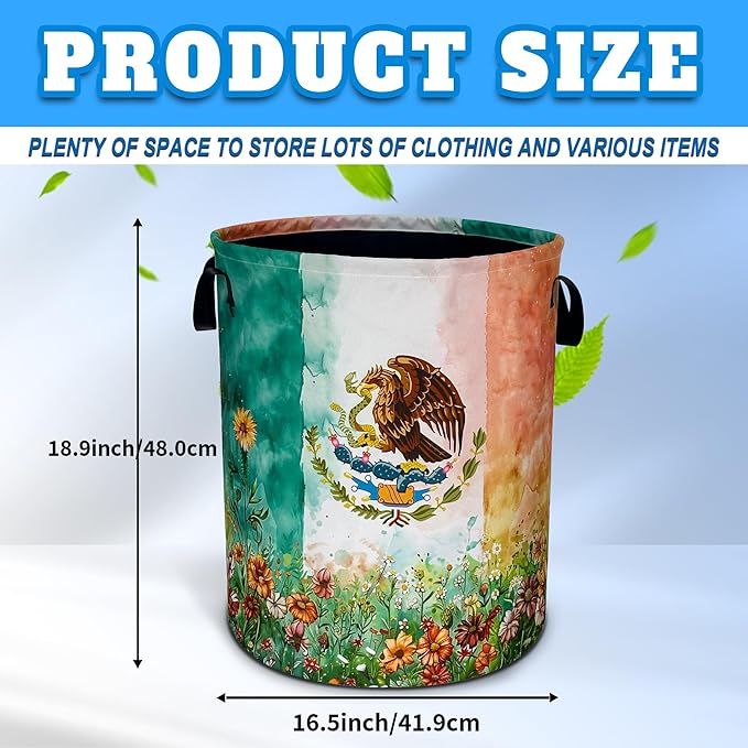 Mexico Flag Laundry Basket Mexican Flag Patriotic Oxford Cloth Laundry Hamper With Handle Foldable Portable Clothes Storage Basket 18.9 X 16.5 Inch Storage Bag For Laundry Room/Bathroom/Bedroom