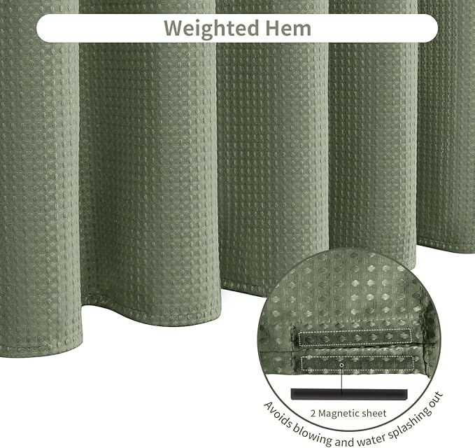 Inhousolu Fabric Shower Curtain Waffle Weave, Sage Green 230 GSM Heavy Duty, Weighted Hem, 14 Metal Hooks, Water Repellent, Machine Washable, Hotel Spa Luxury Bath Curtain Set, 72 x 72 Inch