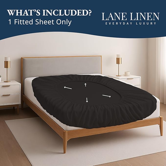 Lane Linen 100% Egyptian Cotton Twin XL Size Fitted Sheet Only (39"x81" + 15") - Elegant Sateen Weave, Ultra Soft, Breathable, Highly Durable, Deep Pockets Upto 17" - Black