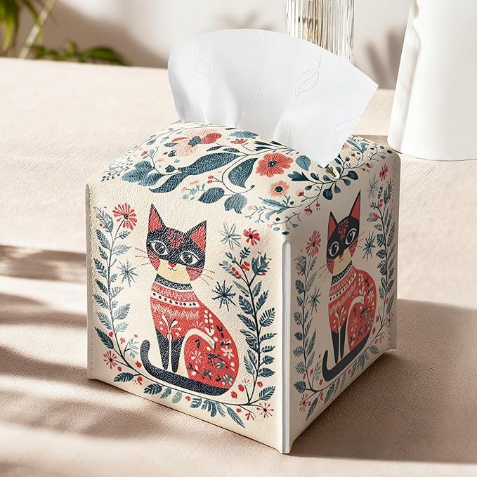 Cat Tissue Box Holder, Nordic Cat Leather Tissue Box Cover Square, Paper Napkins Everyday Dispenser Accessories for Bathroom Vanity Countertop Night Stands Kitchen Office Car Home Decor
