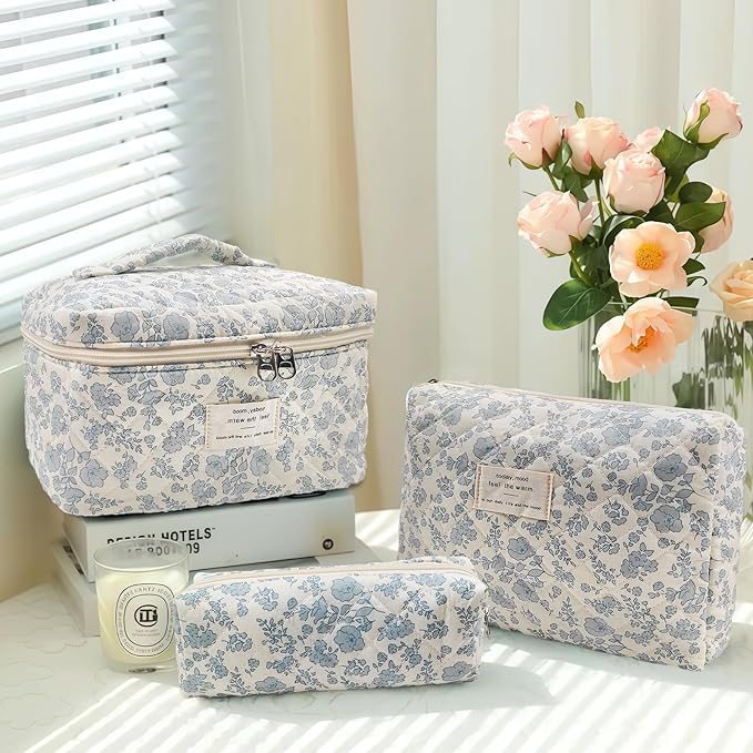 Cozomga Quilted Makeup Bag, Large Capacity Travel Cosmetic Bag for Women and Girls, Aesthetic Storage for Daily and Travel Use (3pcs-Orchid)
