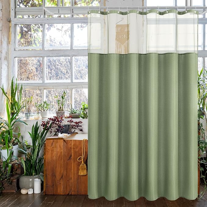 Gibelle Waffle Weave Shower Curtain with Mesh Top Window and Hooks Set, Spa Like Hotel Style Fabric Shower Curtain for Bathroom, Sage Green, 72x72