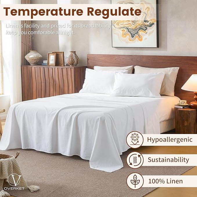 100% Linen Sheets King Size,Breathable & Durable 4-Piece Bed Flax Sheet Set,Soft All-Season Bedding for Hot Sleepers 16" Deep Pocket Oeko-TEX Certified,（King, White）