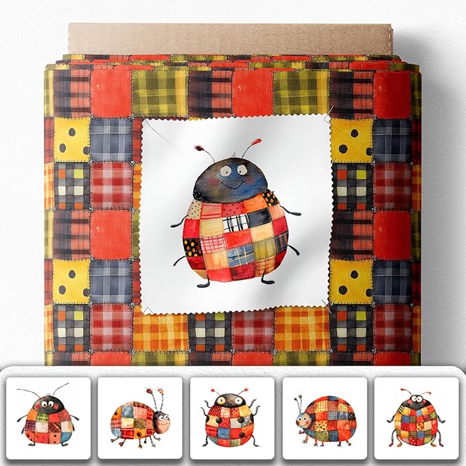 Patchwork Ladybug Cotton Fabric Panel – 6 Designs (10×10 inch Each) + Bonus Sheet 29.5×19.6 inch, 100% Cotton 140 GSM, Made in Türkiye