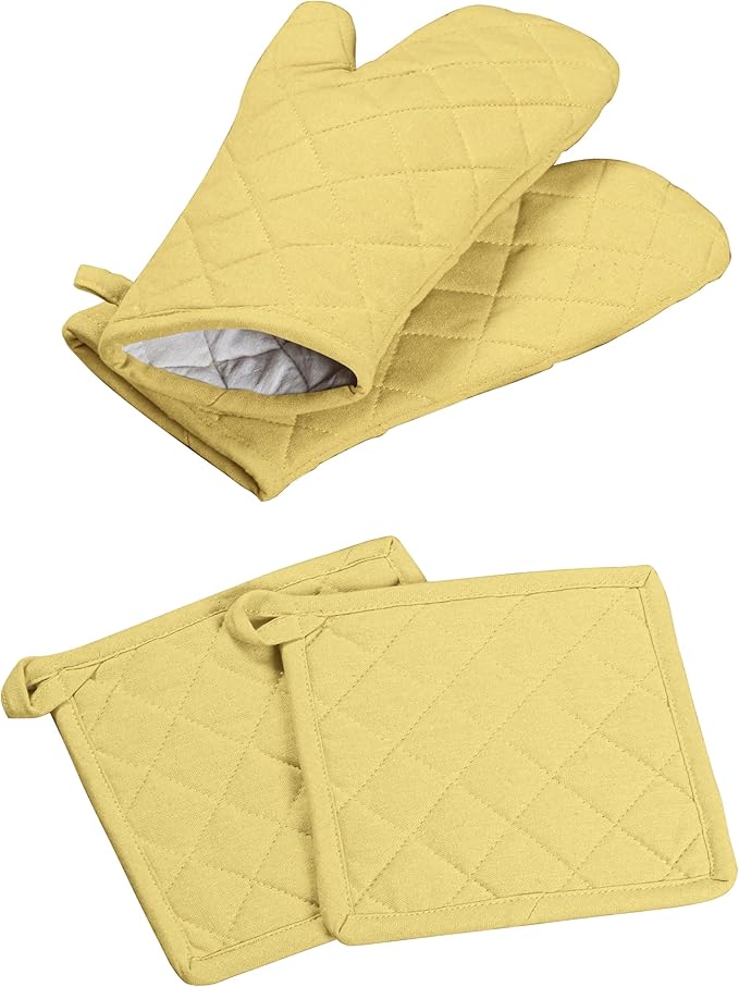 Oven Mitt (7"x13") & Pot Holder (8"x8") 100% Cotton Set of Heat Resistant Oven Gloves & Hot Pads for Gifts, BBQ, Cooking, Baking, Thanksgiving - Pale Yellow