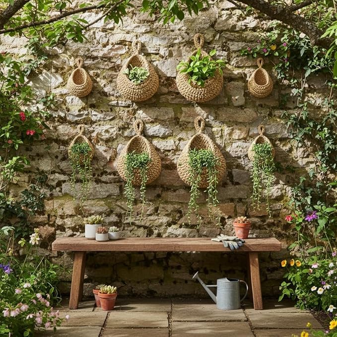 6 Pack Natural Cotton Rope Hanging Basket Hand Woven Wall Mounted Hung Fruit Vegetable Potted Plants Organizer Living Room Kitchen Boho Decor Storage Bags (6 Sizes Brown)