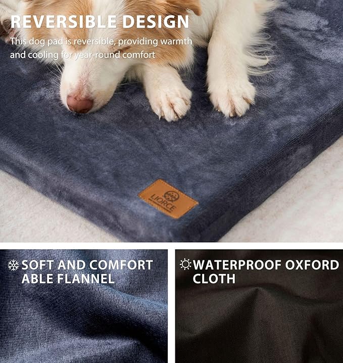 LIORCE Dog Crate Pad - Dog Bed Large Sized Dogs with Removable Washable Cover and Waterproof Lining - XL Memory Foam Pet Bed for Crate - Reversible Kennel Mat (Cool & Warm), 42-inch, Dark Grey