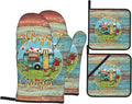 Happy Camper Oven Mitts and Pot Holders Sets of 4,Resistant Hot Pads with Polyester Non-Slip BBQ Gloves for Kitchen,Cooking,Baking,Grilling