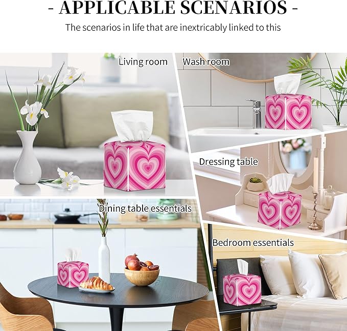 POIUBLE Tissue Box Holder Pink Heart Tissue Box Cover Square Leather Tissue Holder Organizer Portable Decorative Facial Paper Case for Home Office Bathroom Vanity Countertop
