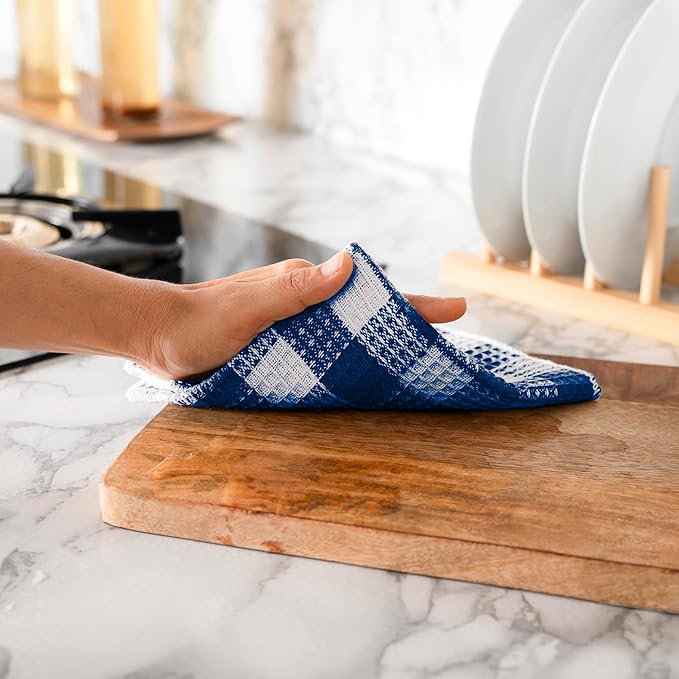 Blue Needles Waffle Weave Check Plaid Dish Cloths, 12x12 Inches 100% Cotton Set of 6 Dish Towels for Kitchen, Ultra Soft & Absorbent Kitchen Towels for Quick Drying Spring Summer - Sky Blue & White