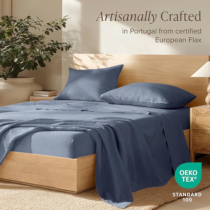 Bare Home California King Sheet Set - Luxury 100% European Linen - Deep Pockets - Easy Fit - 4 Piece Set - Bedding Sheets & Pillowcases (California King, Indigo)