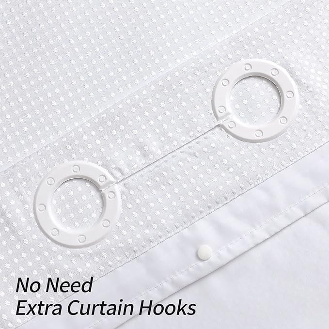 MitoVilla No Hooks Need White Waffle Shower Curtain Liner Set, Modern Waffle Weave Fabric Shower Curtains with Snap-in Liner for Luxury Hotel Grade Spa-Like Bathroom Decor, 72 x 74